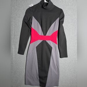Chic Black and Red Long Sleeve Turtleneck Dress. Stretchy Back Zip. Sheath